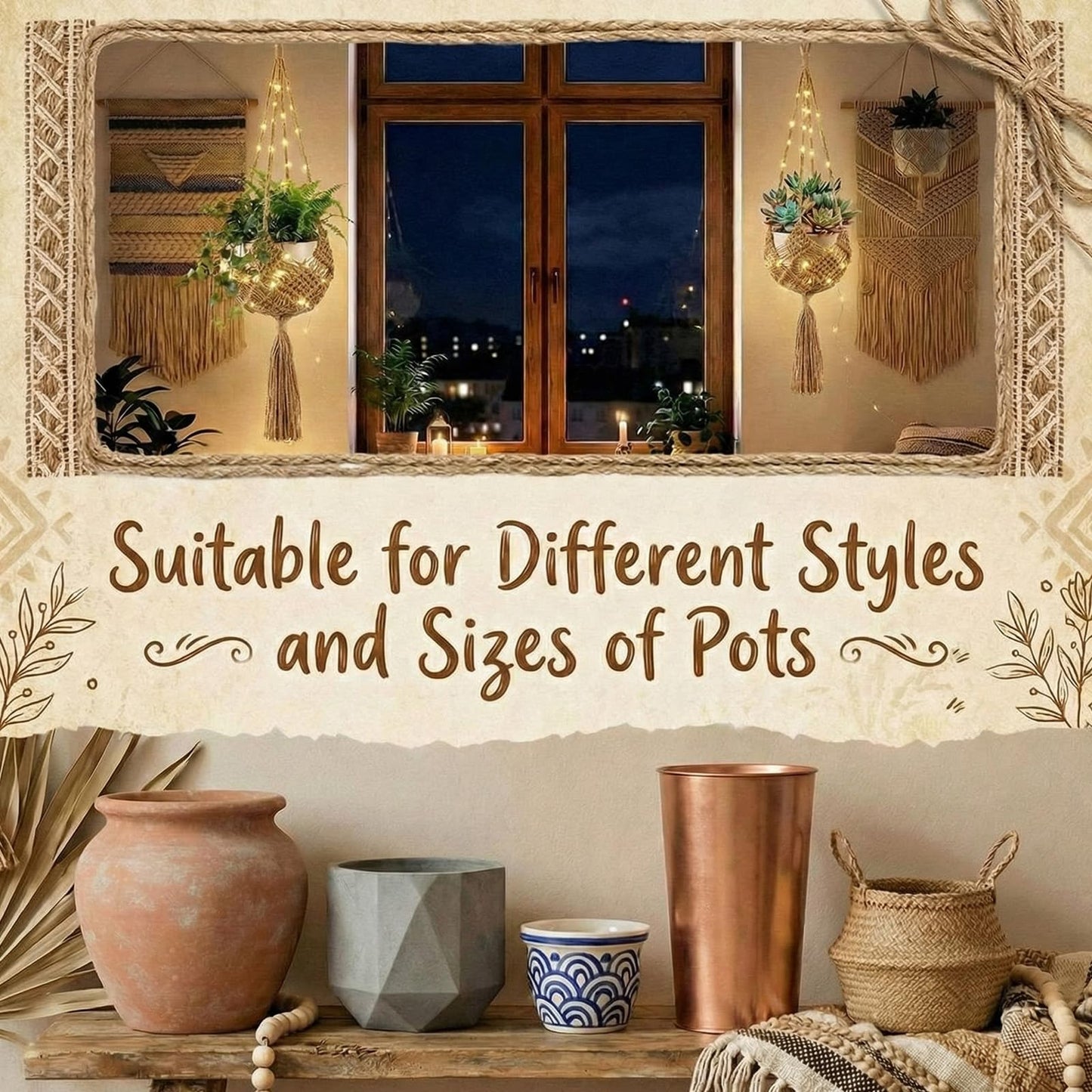 Sliner 3 Pack Jute Crochet Plant Hanging Baskets with Lights and Hooks Macrame Plant Hangers Boho Hanging Baskets for Indoor and Outdoor Home Decor, 3 Different Size