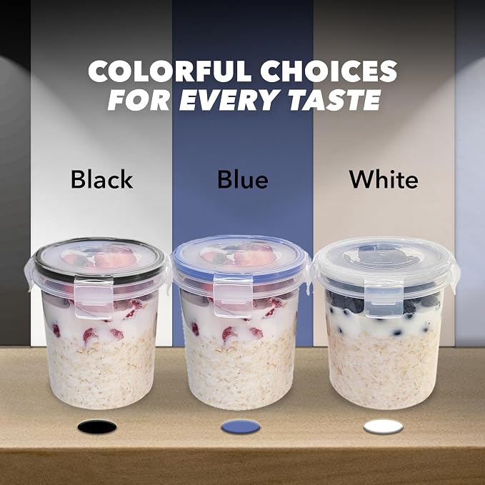 Overnight Oats Container with Lids (4-Piece set) - 16 oz Plastic Containers with Lids - Oatmeal Container to go | Portable Cereal and Milk Container on the go | Airtight Snap Lock Storage Jars