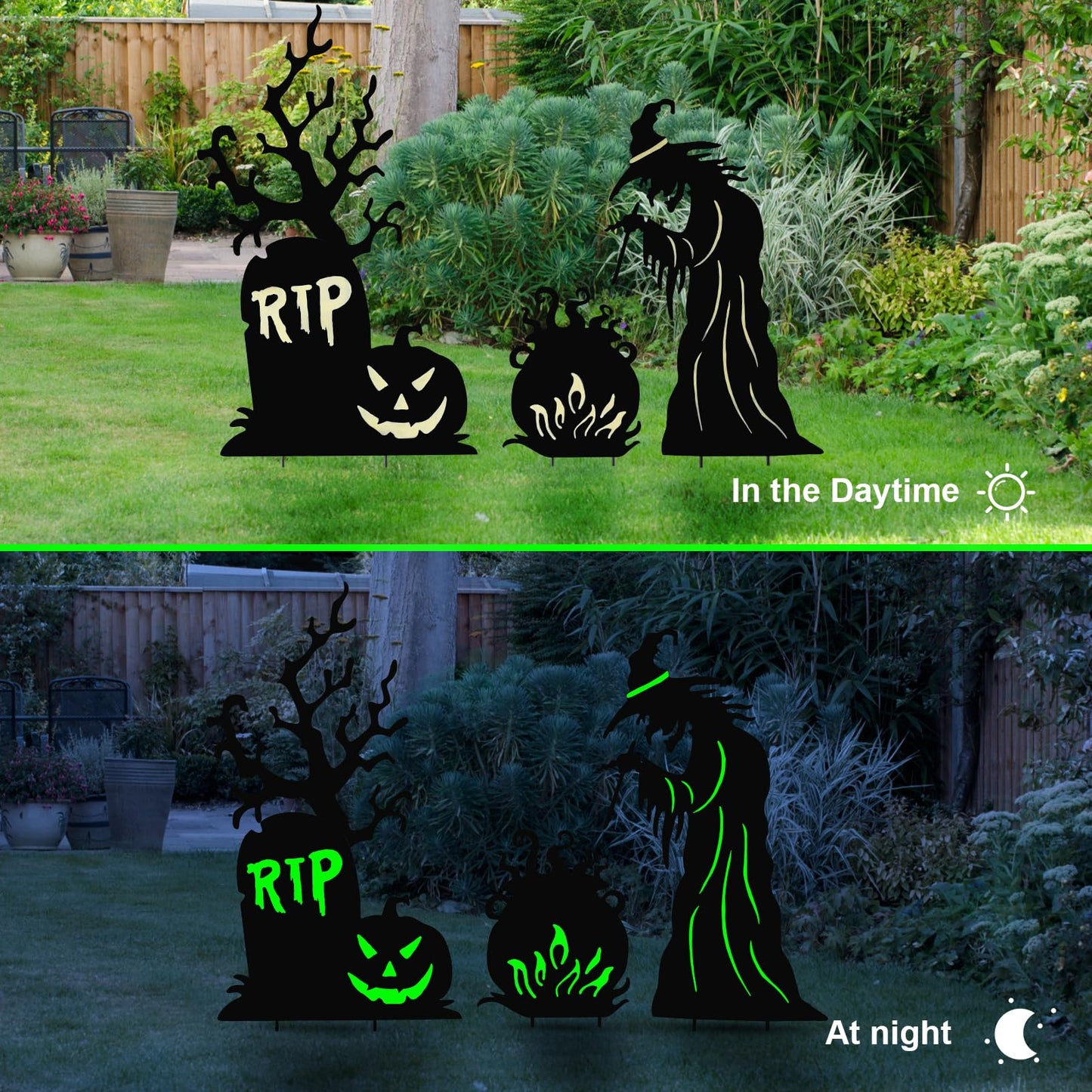 3 Pack Halloween Yard Signs Outdoor Decorations - Glow in the Dark Scary Witch Tombstone Cauldron Metal Stakes, Waterproof Fluorescent Lawn Garden Halloween Decor for Graveyard Party (Large Witch Tombstone Cauldron, 3 Pack)