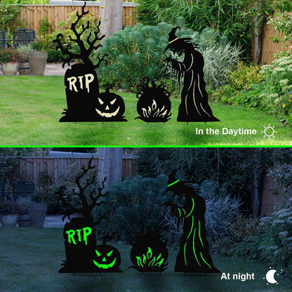 3 Pack Halloween Yard Signs Outdoor Decorations - Glow in the Dark Scary Witch Tombstone Cauldron Metal Stakes, Waterproof Fluorescent Lawn Garden Halloween Decor for Graveyard Party (Large Witch Tombstone Cauldron, 3 Pack)