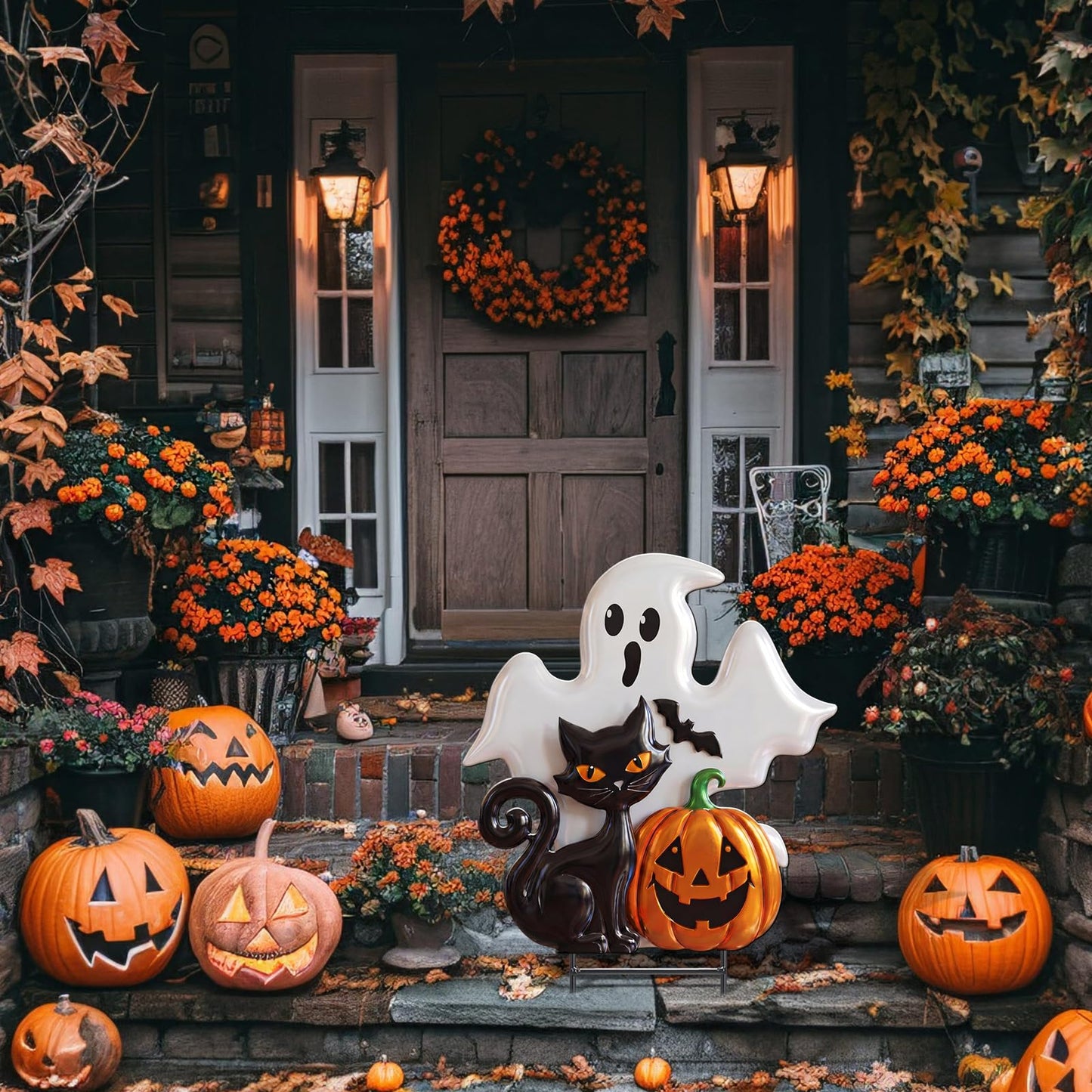 Junkin Halloween Metal Yard Stakes Ghost Black Cat Pumpkin Yard Signs Outdoor Spooky Decorative Garden Stakes Patio Lawn Walkway Backyard Porch Decorations for Scary Halloween Trick or Treat Party