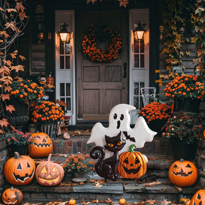 Junkin Halloween Metal Yard Stakes Ghost Black Cat Pumpkin Yard Signs Outdoor Spooky Decorative Garden Stakes Patio Lawn Walkway Backyard Porch Decorations for Scary Halloween Trick or Treat Party