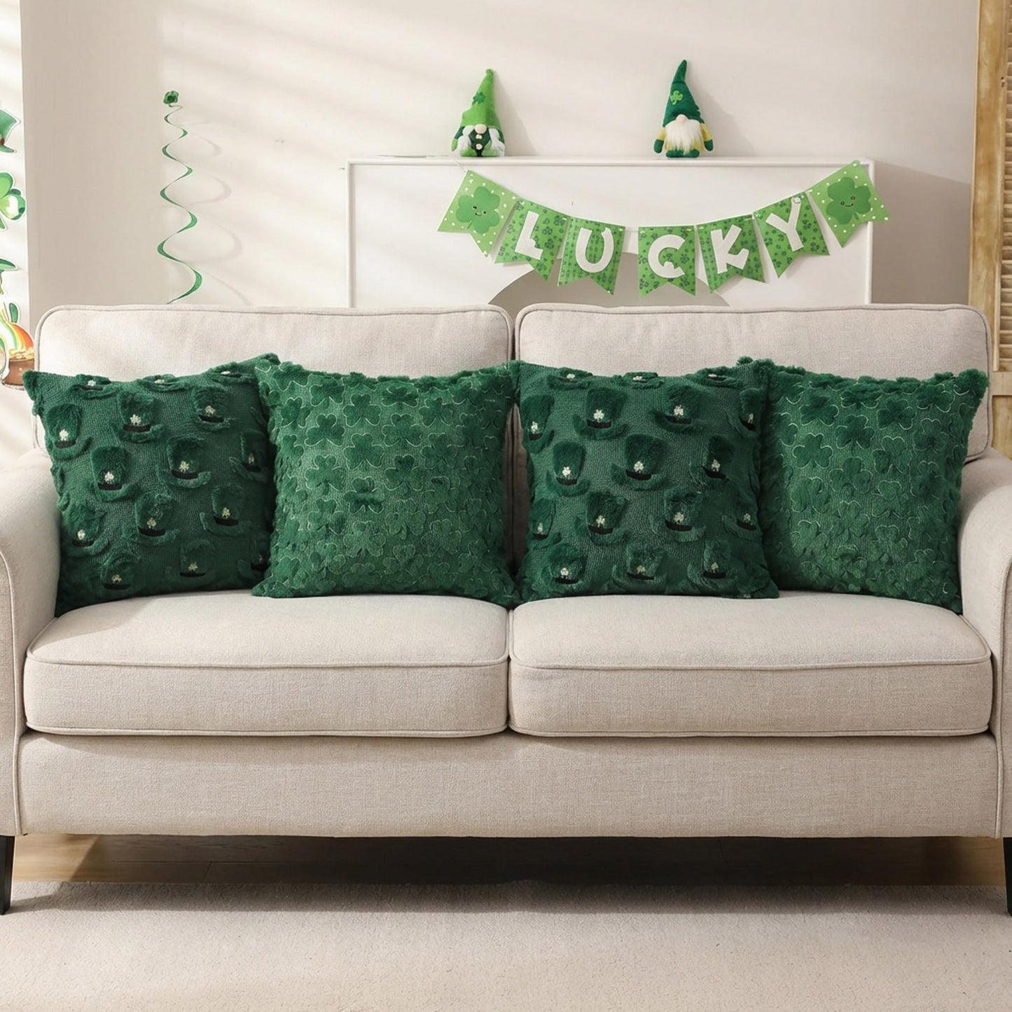 Vermeyen St Patricks Day Pillow Covers 16 x 16 inch Set of 2 3D Embroidered Shamrock Pillow Soft Plush Faux Fur St Patricks Day Decorations for SOFE Bedding Holiday