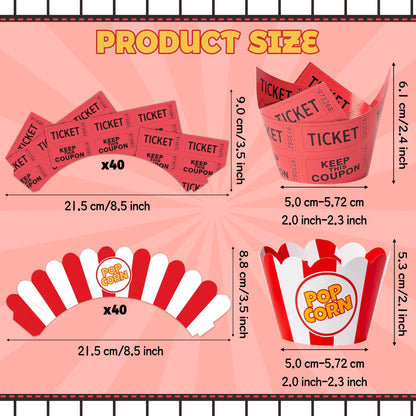 BUoonyer Popcorn Ticket Cupcake Wrappers - 80pcs Mardi Gras Pop Corn Muffin Liner Red White Baking Cup Cake Wrapping, Circus Theme Cake Wrap Supplies for Carnival Birthday Movie Night Party Decoration