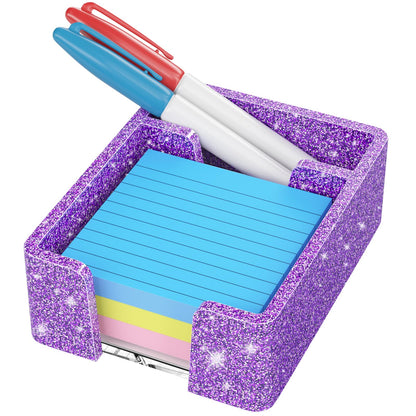 WINFFOR Acrylic Notepad Holder Dispenser - 3x3 in 2IN1 Sticky Note Memo Holder for Desk Organizer (W/O Pads) Office Desk Accessories School Supplies, Glitter Purple