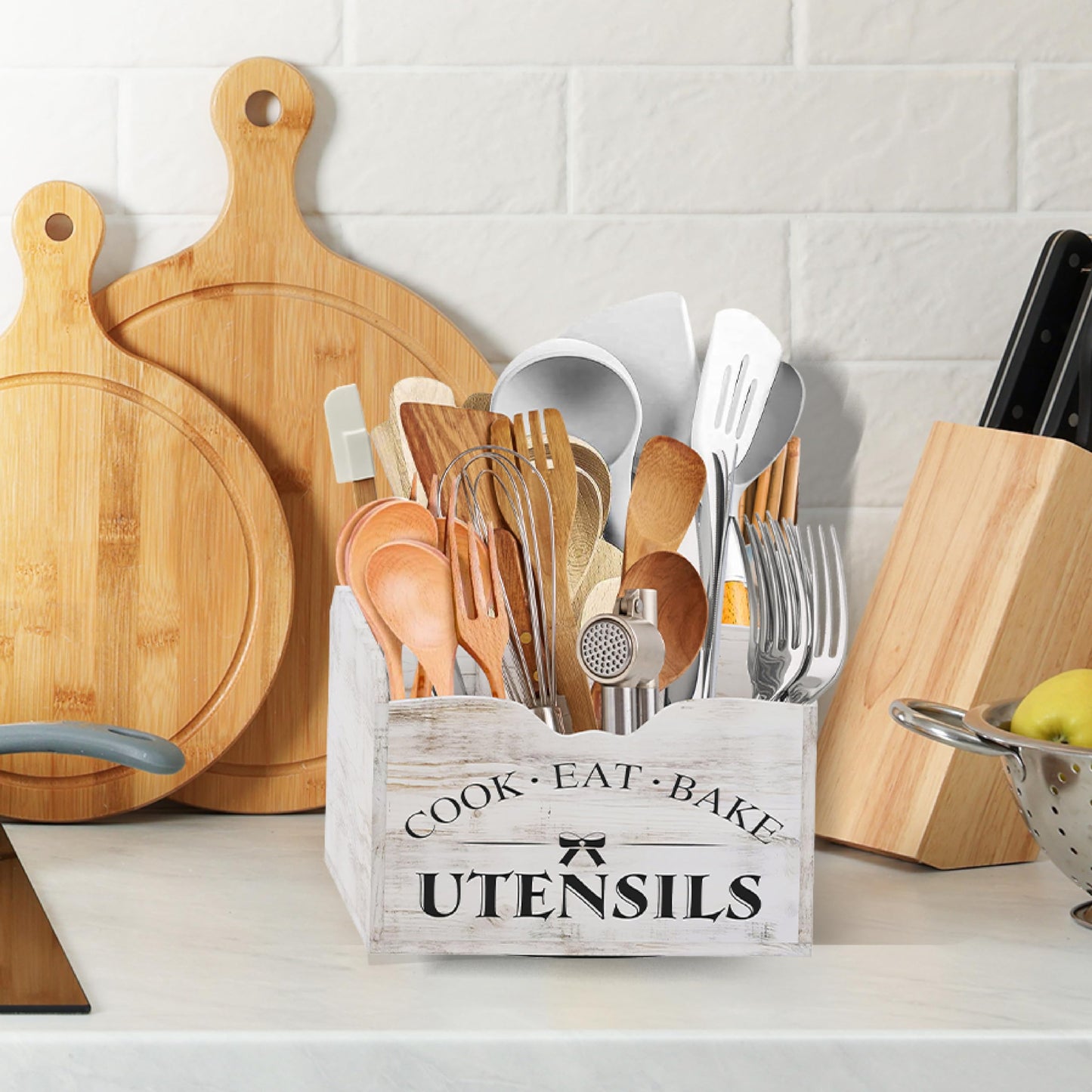 Bewbow [Upgraded] Extra Large Kitchen Utensil Holder for Countertop with 360° Rotating Base, 6 Compartments, Removable Divider, Wooden Utensil Organizer for Countertop, Farmhouse Kitchen Decor