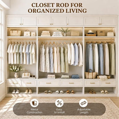 Heavy Duty Closet Rod, 17-99 IN Closet Rods for Hanging Clothes, Gold | Stepless Adjustable, Supports up to 66 lbs, Multiple Size Options, Easy Installation, Multi Purpose , Wall-Mounted