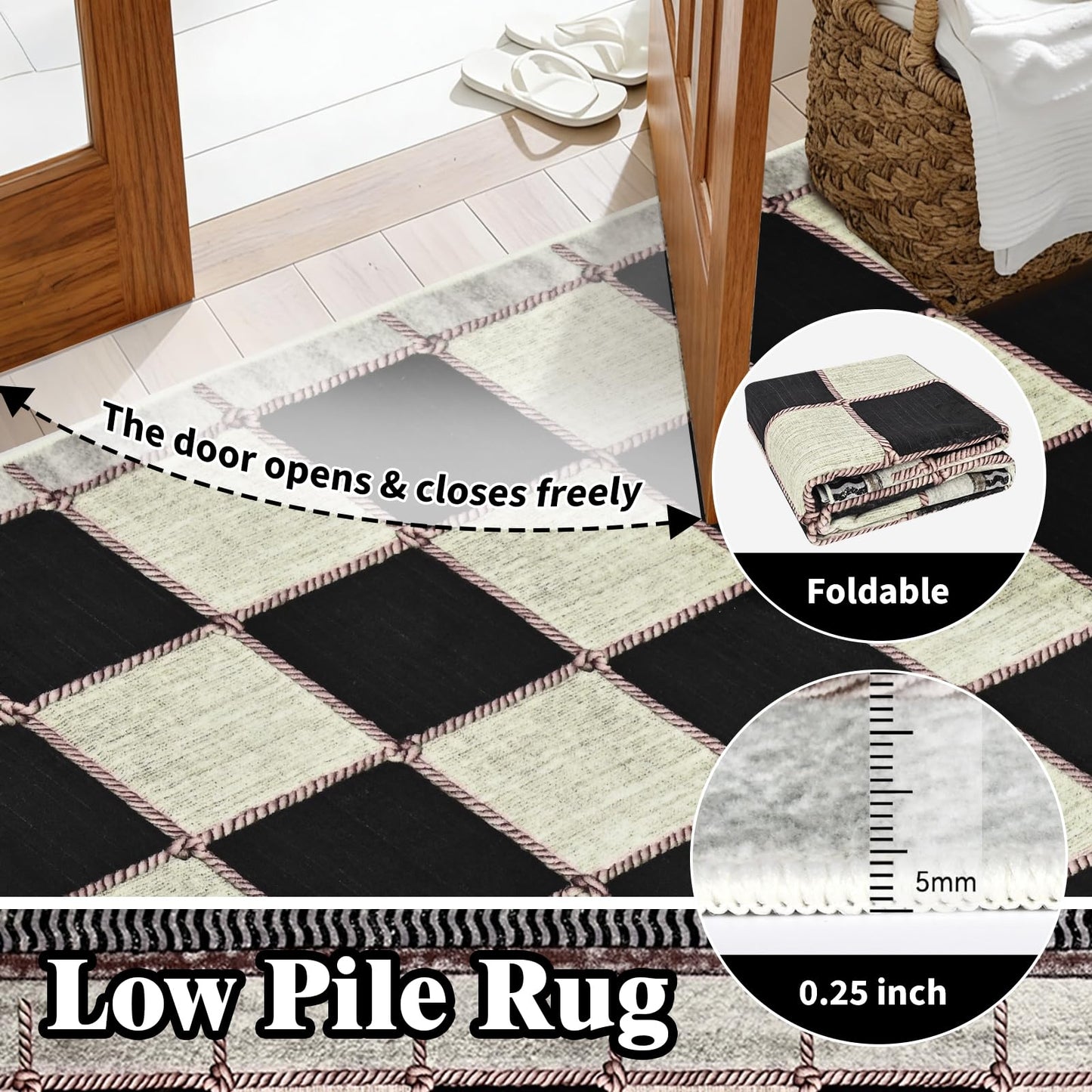 Yinhua Checkered 5x7 Area Rugs Black Farmhouse Washable Area Rug for Living Room Non Slip Soft Faux Wool Distressed Rugs for Bedroom, Classic Checkerboard Throw Rug for Nursery Office Playroom