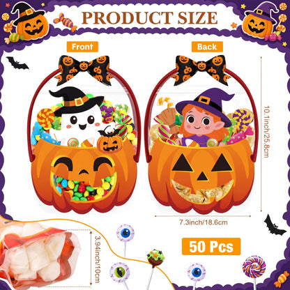 Fuutreo 50 Pcs Halloween Plastic Bags Clear Ghost Witch Pumpkin Sealed Gift Pouches with Handles Resealable Scary Holiday Favor Bags for Halloween Holiday Party Candy Gift Wrapping Supplies Decoration