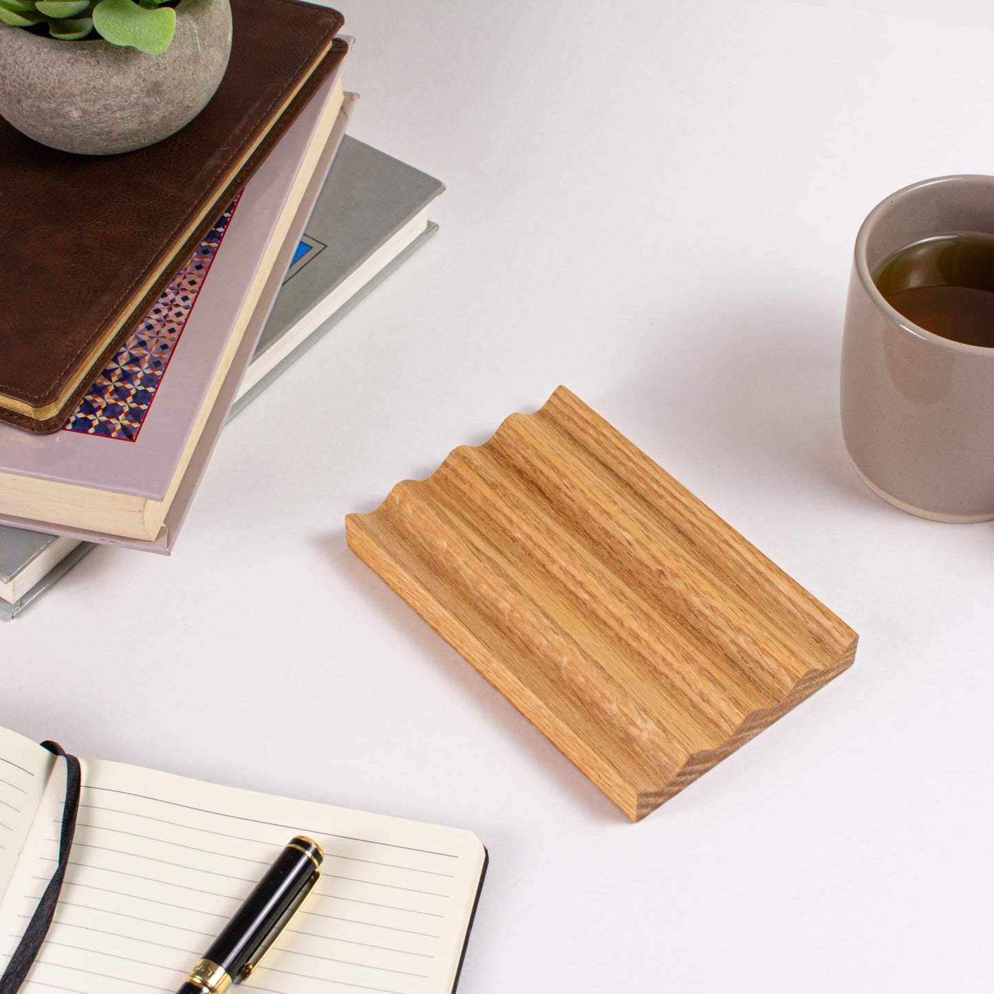 Vorovale Solid Oak Pen Tray, Minimalist Desk Organizer, Natural Wood Pen Holder with Rounded Wavy Channel, Handcrafted Office Accessory