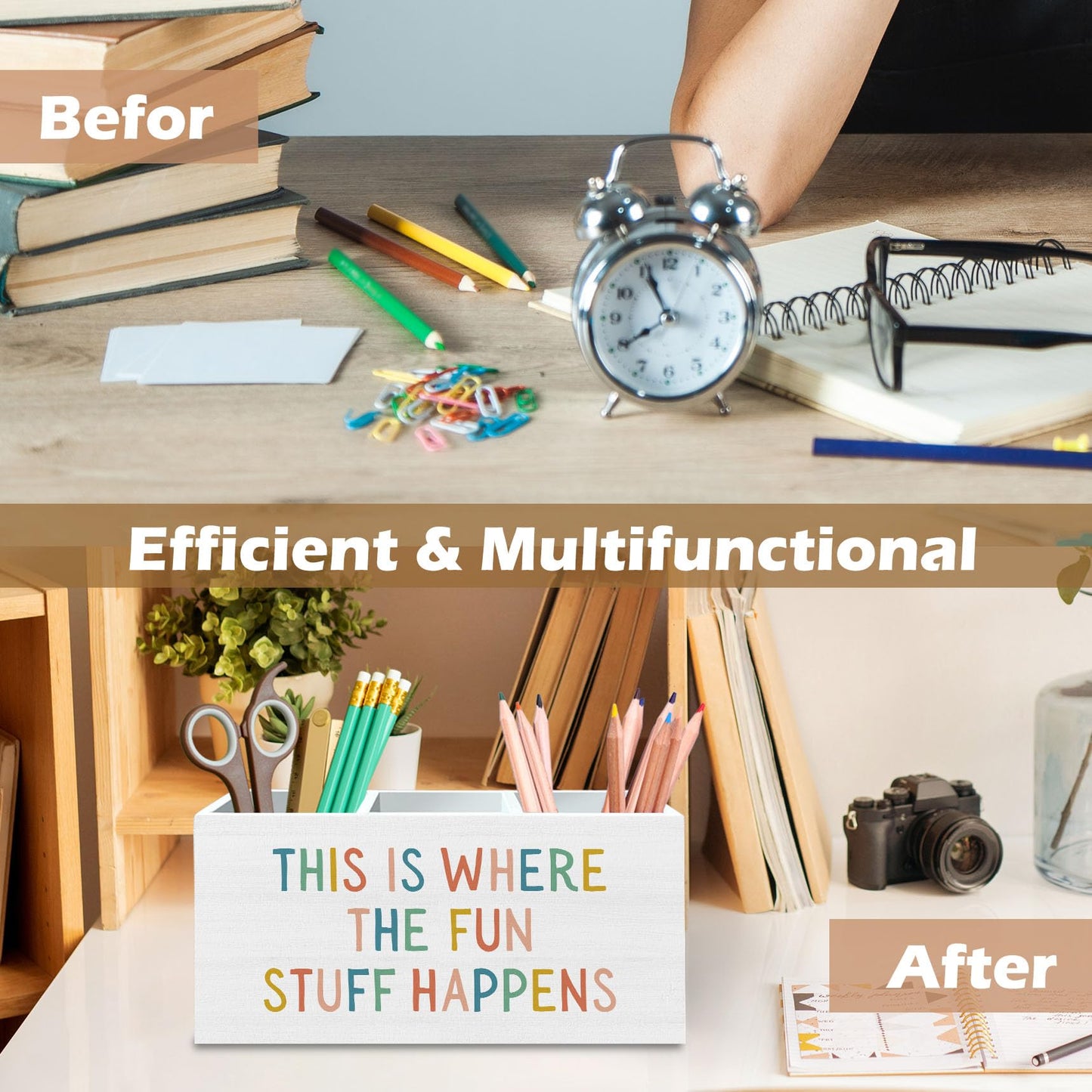 DILSJ Boho Classroom Pen Pencil Holder Organizer for Desk, Boho Classroom Decor, This Is Where the Fun Stuff Happens Wooden Box Signs for Kids Room Bedroom Playroom Desk Office & School Supplies