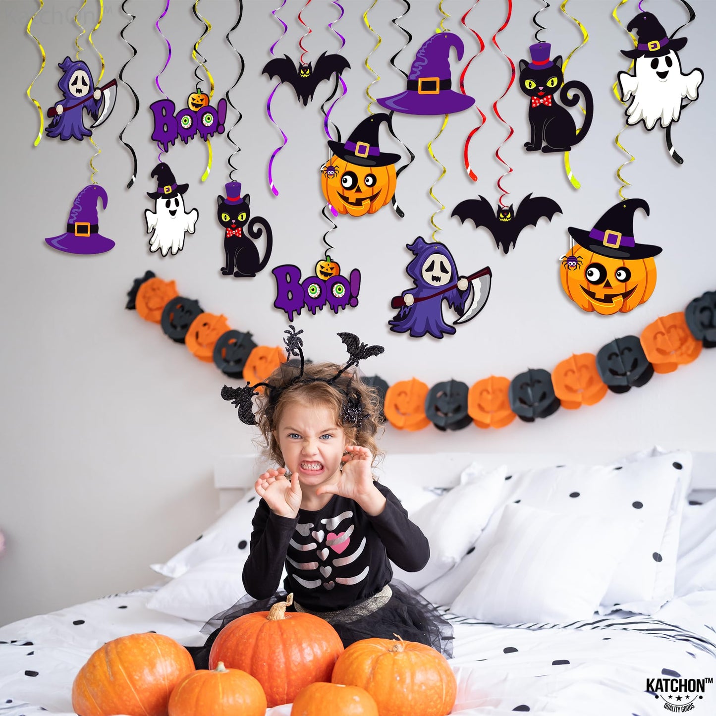 Halloween Hanging Decorations - Large, Pack of 28 and XtraLarge Carnival Backdrop - 72x44 Inch | Spooky Halloween Hanging Swirls, Halloween Party Decorations | Scary Halloween Carnival Decorations