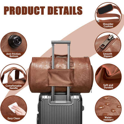 Leather Garment Bag，Convertible Garment Duffel Bag for Travel Mens Suit Bag 2 in 1 Waterproof Foldable Carry on Garment Bag with Shoulder Strap Weekender Bag with Shoe Pouch