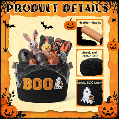Acellegic Halloween Woven Rope Basket 13 x 8.7 x 7.9 Inch BOO Ghost Decorative Storage Basket with Ghost Pendant Halloween Candy Bowl Trick or Treat Bucket Party Favors for Home Nursery Organizer