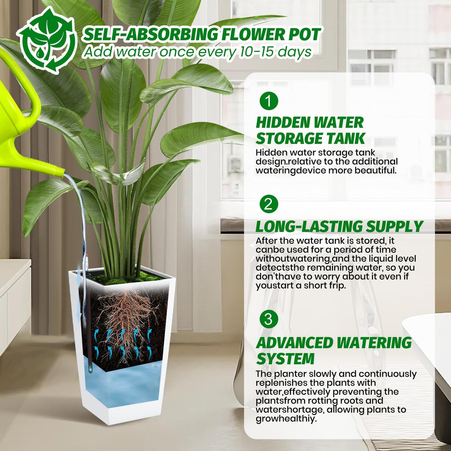 SierraSquad 16" Tall Planters Set of 2, Indoor & Outdoor Black Planter Pots, High Front Porch Planters with Drainage Holes, Water Level Monitor, and Inner Bucket, White