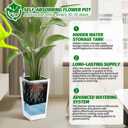 SierraSquad 16" Tall Planters Set of 2, Indoor & Outdoor Black Planter Pots, High Front Porch Planters with Drainage Holes, Water Level Monitor, and Inner Bucket, White