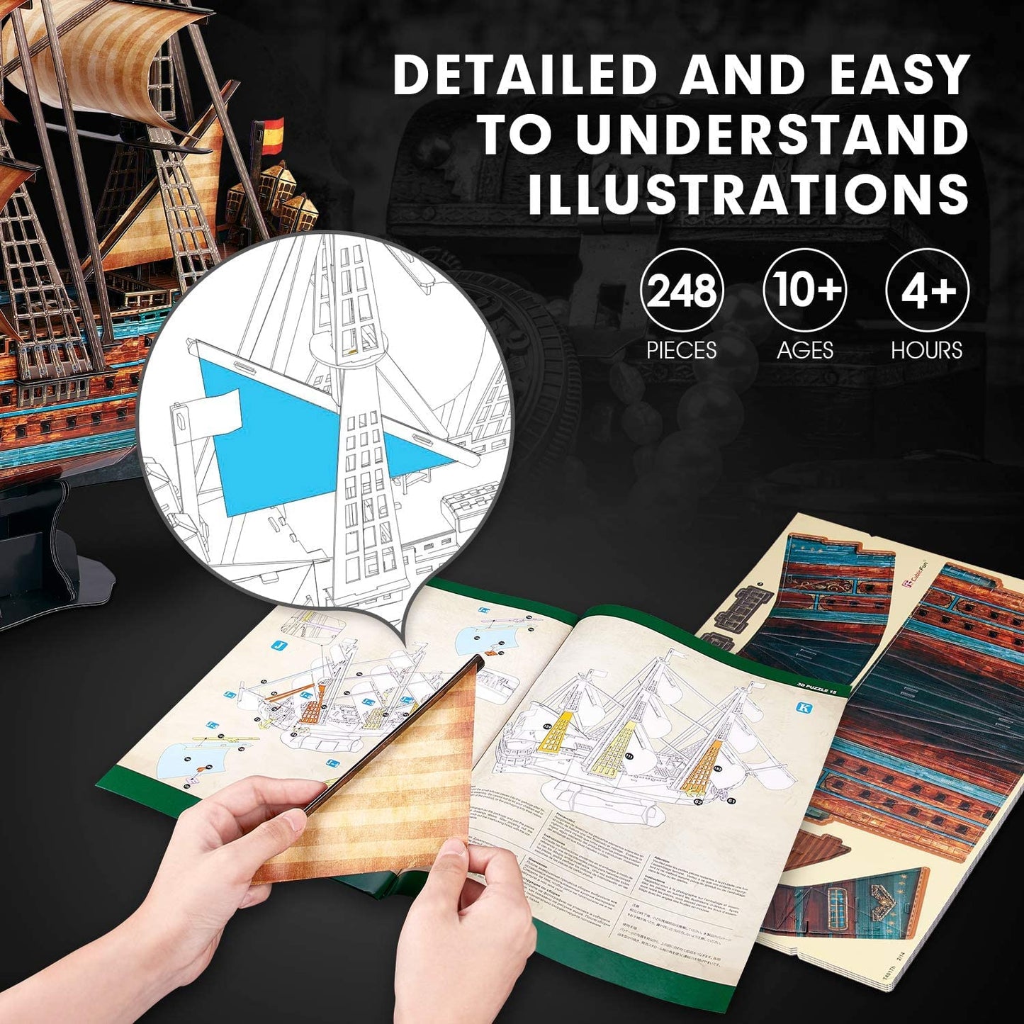 CubicFun 843659803 Boat San Felipe 1960, Spanish Ship, 3D Puzzle, Model Kit for Adults and Children, 248 Pieces, 240 min Assembly, Le