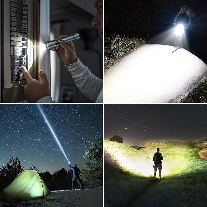 WdtPro Rechargeable Flashlights 2 Pack, Powerful Handheld Flashlight - Grey | LED High Lumens, LCD Battery Display, Zoomable 3 Modes, IP65 Waterproof, Tactical, For Home Emergencies Camping Outdoor