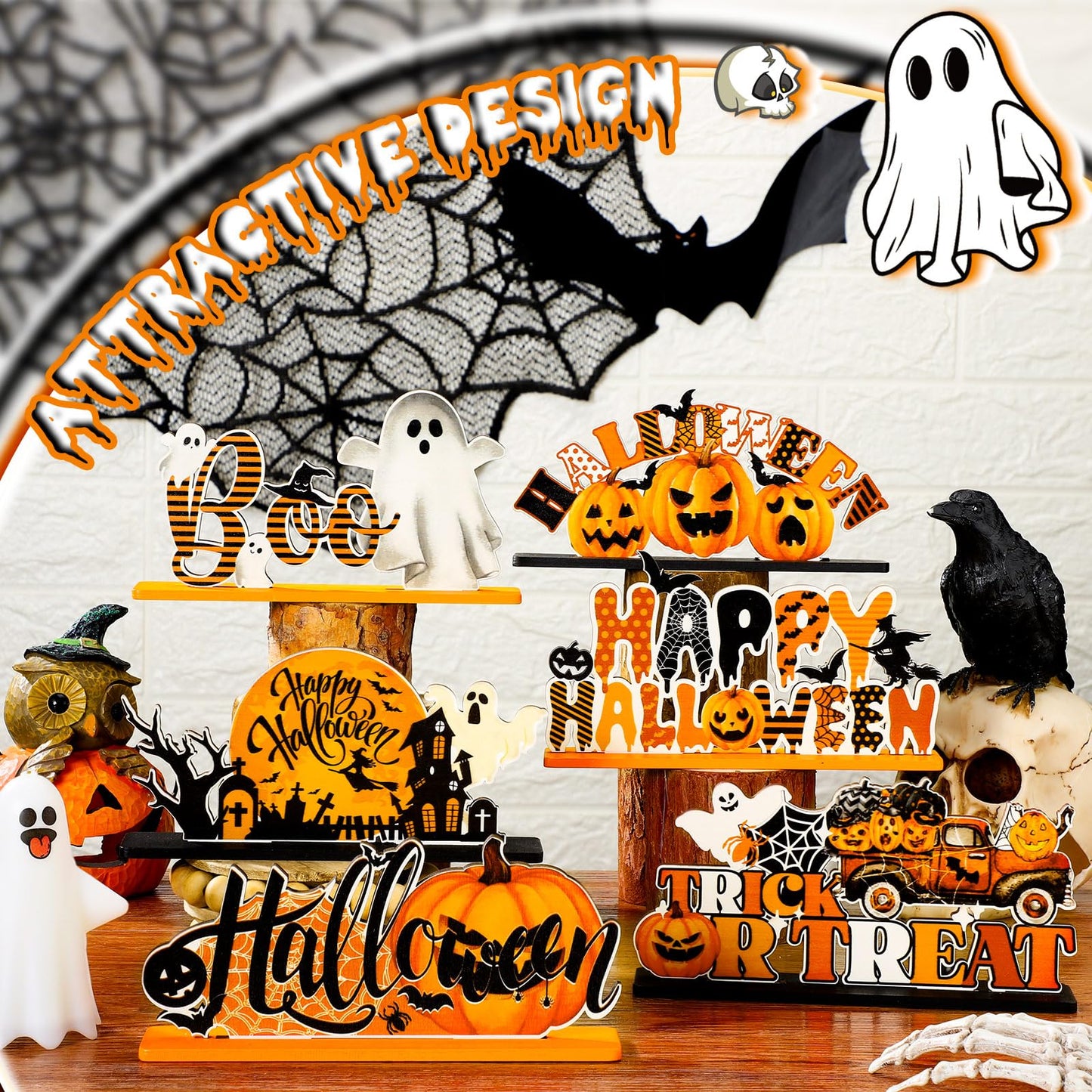 6 Pcs Happy Halloween Table Decorations Pumpkin Ghost Table Centerpiece Witch Trick or Treat Boo Wooden Sign with Letter for Home Halloween Party Decorations Indoor Outdoor