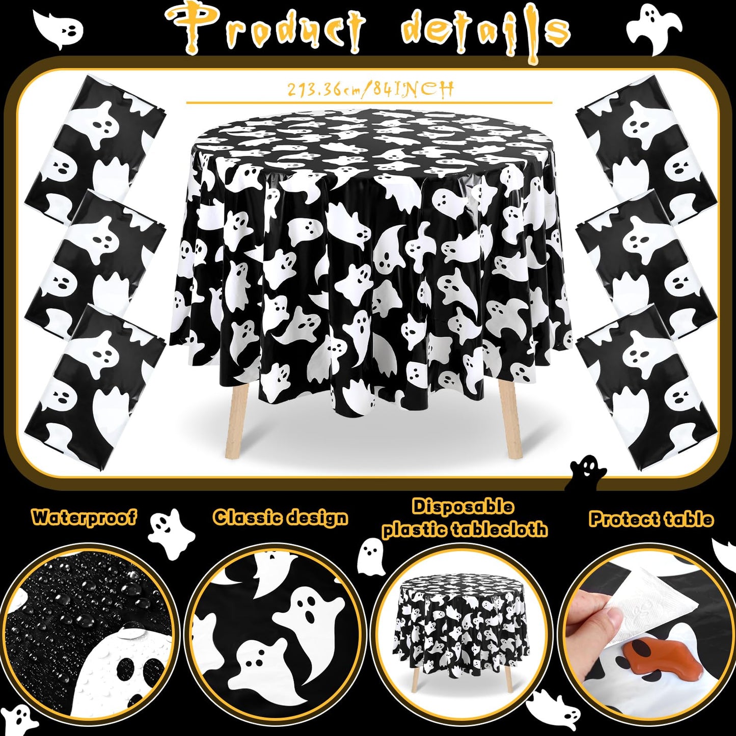Ganeen 6 Pcs Halloween Plastic Tablecloths 84 Inch White Black Ghost Disposable Table Cover Plastic Round Ghost Spooky Tablecloths Decoration for Halloween Baby Shower Party Supplies