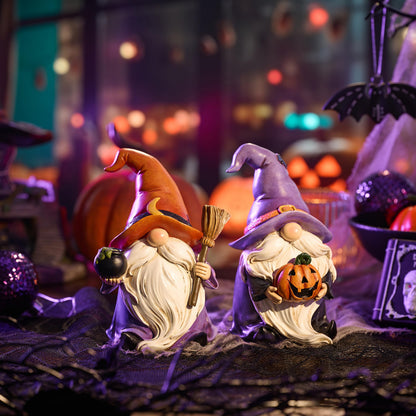 Valery Madelyn Gnomes Halloween Decorations Indoor, 2 Pcs Resin Gnome Decor for Home with Witch Hat Broom Jack O Lantern Moon, Halloween Figurines Elf Dwarf for Table Tiered Tray Outdoor, 6.3"