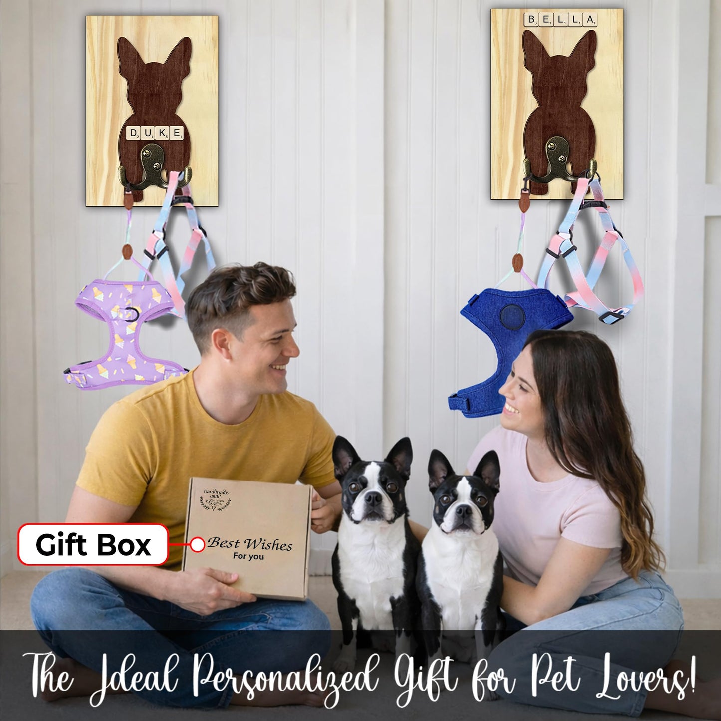 Boston Terrier Dog Leash Holder Wall Mount with Scrabble Letters, Wooden Dog Hook Organizer, Pet Collar and Harness Holder, Key and Leash Rack for Entryway, Gift for Pet Lovers, Home Decor PF297-15