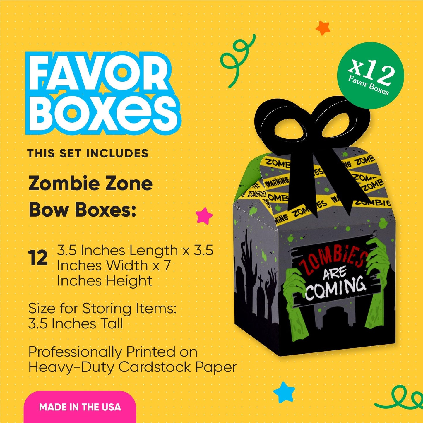 Big Dot of Happiness Zombie Zone - Square Favor Gift Boxes - Halloween or Birthday Zombie Crawl Party Bow Boxes - Set of 12