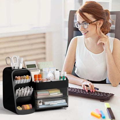 HBlife Desk Organizer with Pen Pencil Holder for Desk, Pen Organizer with 2 Drawers, Desk Organizers and Accessories with 4 Compartments, Desktop Storage for Office Home School Art Supplies, Black