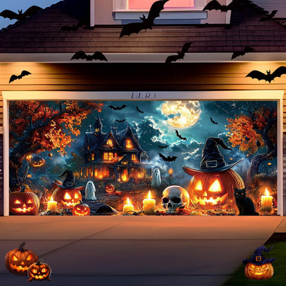 Remagr 7 x 16 ft Halloween Garage Door Banner Large Halloween Hanging Backdrop Door Cover Gloomy Skull Garage Wall Decoration Backdrop Mural for Party Wall Window Yard Outdoor Holiday