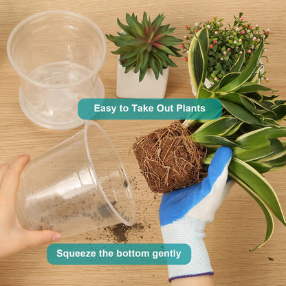 OUPSAUI 8/7/6 Inch Clear Nursery Pots with Drainage and Trays, 9 Pack Large Plastic Pots for Plant, Seedling Starter Pot, Garden Pots for Succulents Flower Vegetables Herb
