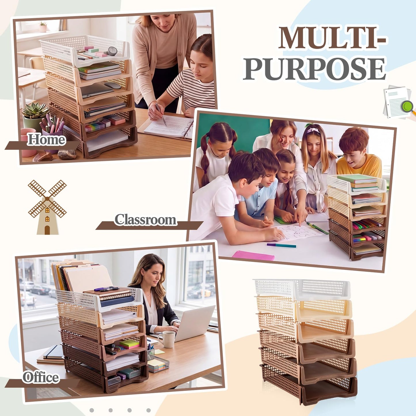 Geetery Set of 12 Plastic Trays for Teachers Turn in Trays Classroom Stackable Paper Tray Plastic Classroom Teachers Desk Letter Organizer Storage Baskets for Office, Desk, Home (Gradient Brown)