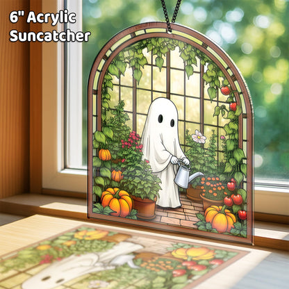 2 Cute Halloween Decoration Suncatchers, 6" Spooky Cute Ghost Plant Window Hangings, Ghost with Black Cat Greenhouse, Pumpkin Ornaments Home Garden, Gifts for Mom, Plant Lovers, Women, Girl SS358