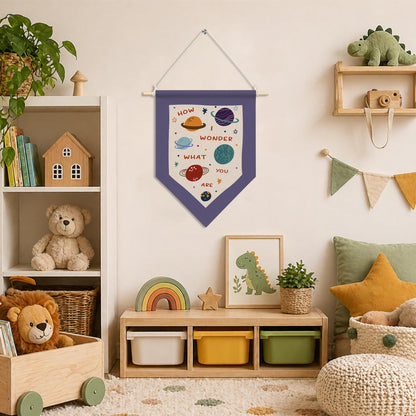 RUKUPA Space Nursery Wall Art Decor, Kids Room Hanging Pennant Flag, How I Wonder What You Are Celestial Solar System Wall Art Poster Hanger for Kids Nursery Room Bedroom Playroom Decor, 11x15 Inch