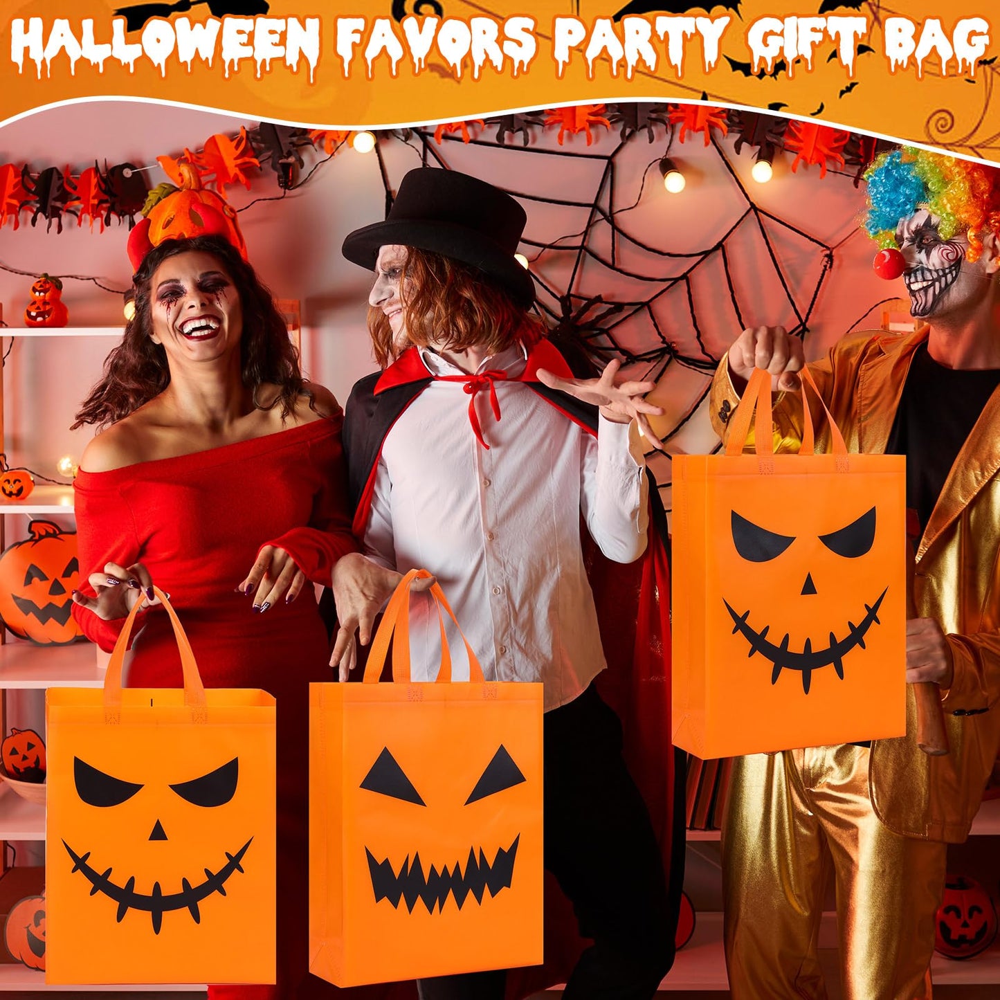 Sanwuta 48 Pcs Halloween Tote Gift Bags 14.9 x 11.8 Large Treat or Trick Pumpkin Reusable Non Woven Candy Goodies Bag for Halloween