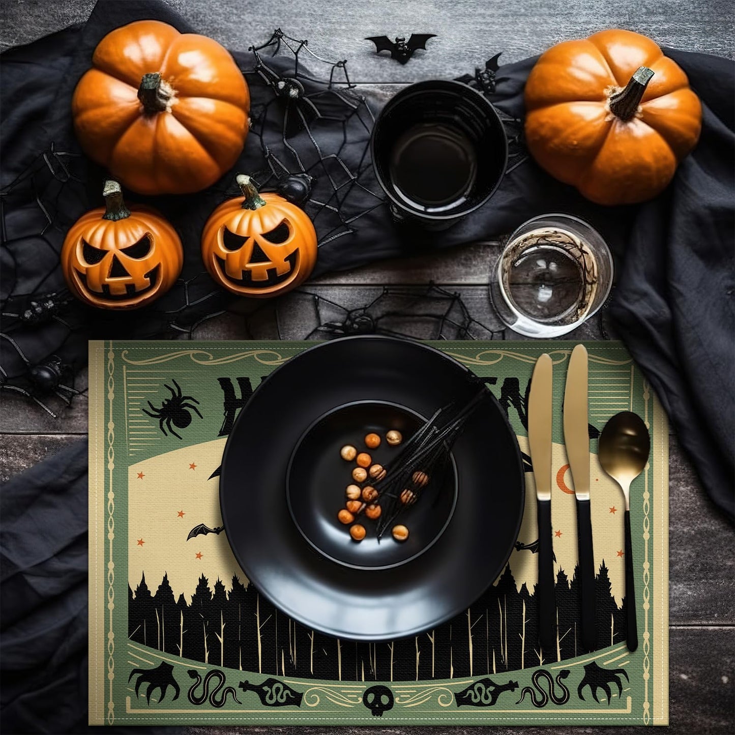 Breling 7 Pcs Halloween Placemats with Runner 12"x18" Terror Forest Gothic Bat Placemats Washable Rectangle Skull Table Mats for Halloween Kitchen Dining Table Home Accessories (Scary)