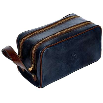 Time Resistance Leather Cosmetic Bag - Italian Toiletry Dopp Kit (Blue)