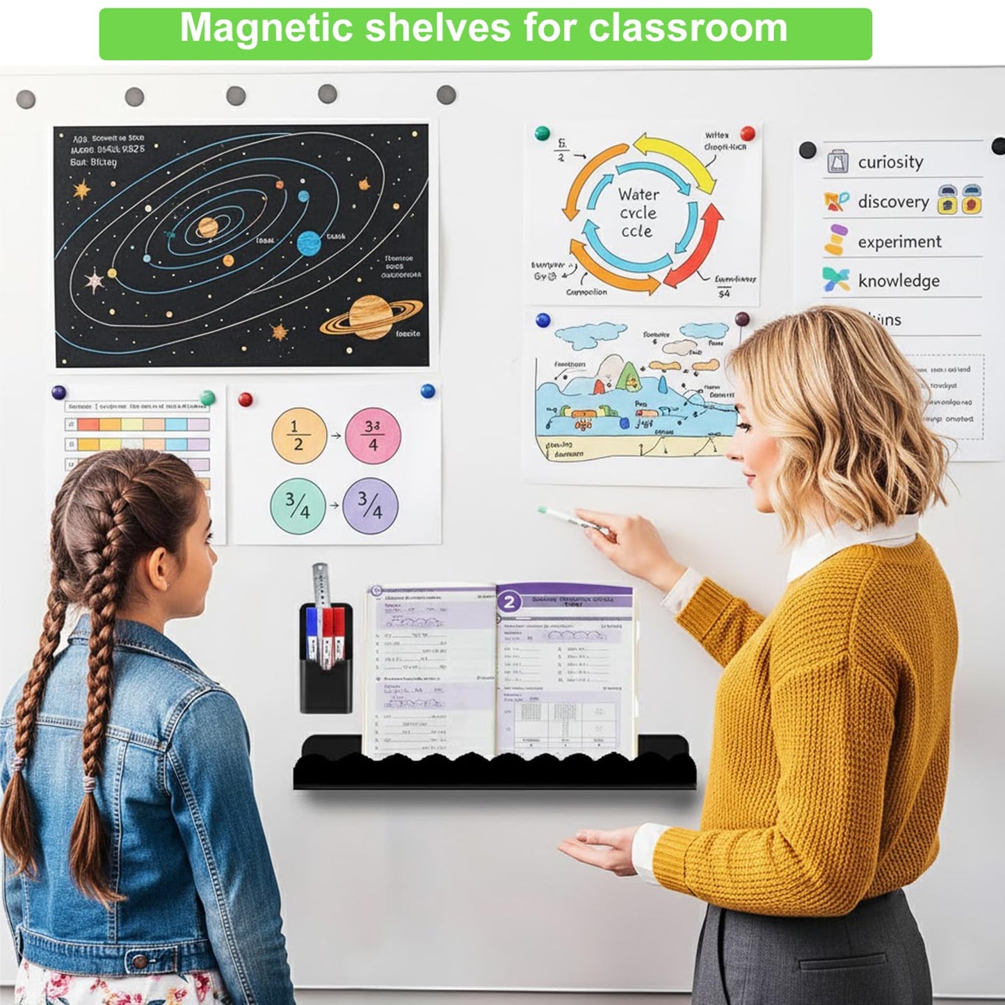luniteling 2 Pack Magnetic Book Shelf for whiteboard, 12.5LBS Holder Acrylic Scalloped Floating Shelves, Deeper Magnetic Floating Shelf for Classroom, Home & Office & Refrigerator Use(Color 2)