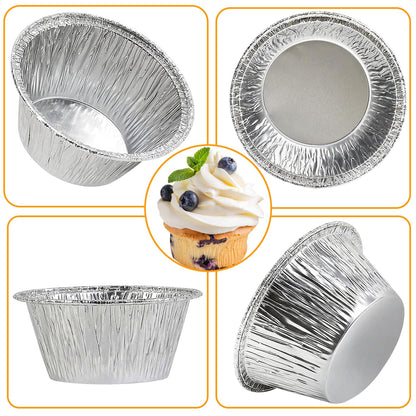 Aluminum Foil Baking Cups 150 Pcs, VIHOYOM 4 Oz Disposable Ramekin Aluminum Cupcake liners, Silver Foil Baking Cups Muffin Liners for Egg Tart, Baking, Cupcake, Pudding, Appetize
