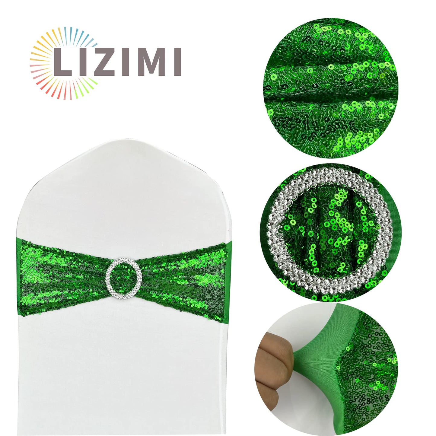 LIZIMI Sequin Chair Sashes Stretch Chair Bands Spandex Polyester Bows for Party Hotel Wedding Banquets Decoration - 6 Pcs Green