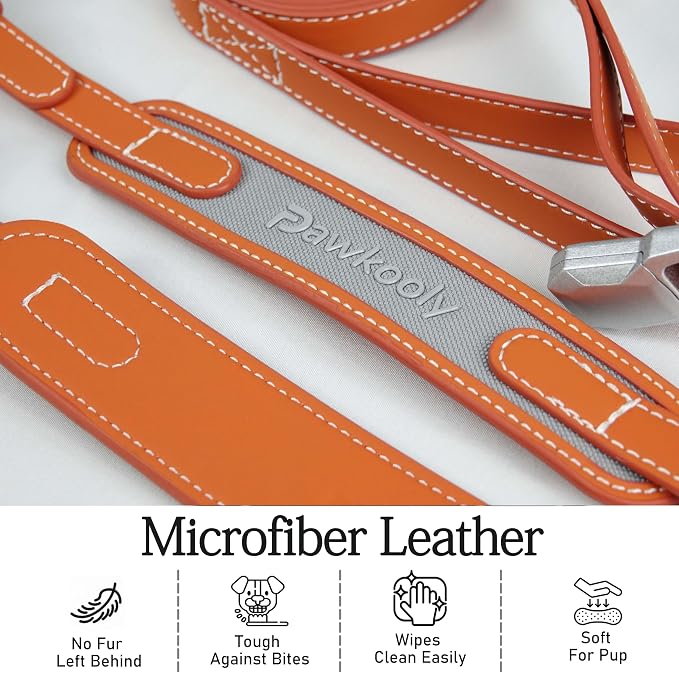 MagEase Dog Collar with 4FT Leash | Adjustable | Anti-Wrinkle, Bite & Stain-Resistant Leather | Soft & Skin-Friendly | 450LB Escape-Proof Magnetic Buckle (Orange, Small)