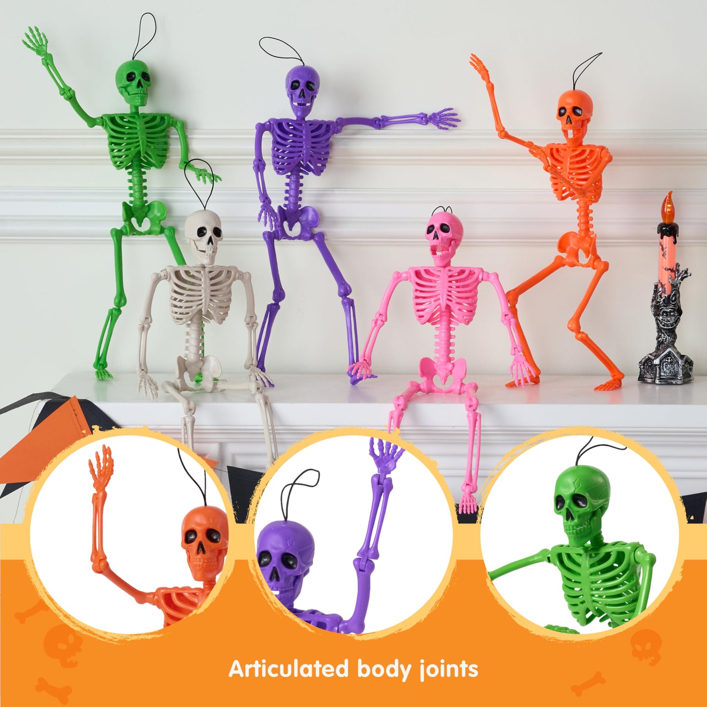 JOYIN 5 PCS Posable Halloween Skeleton Decor 16 Inches, Full Body Movable Joints Posable Skeleton, Hanging Skeletons for Halloween Decoration, Home Yard, Graveyard, Haunted House, Spooky Scene