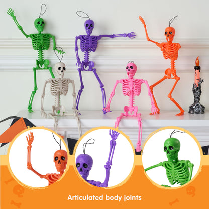 JOYIN 5 PCS Posable Halloween Skeleton Decor 16 Inches, Full Body Movable Joints Posable Skeleton, Hanging Skeletons for Halloween Decoration, Home Yard, Graveyard, Haunted House, Spooky Scene