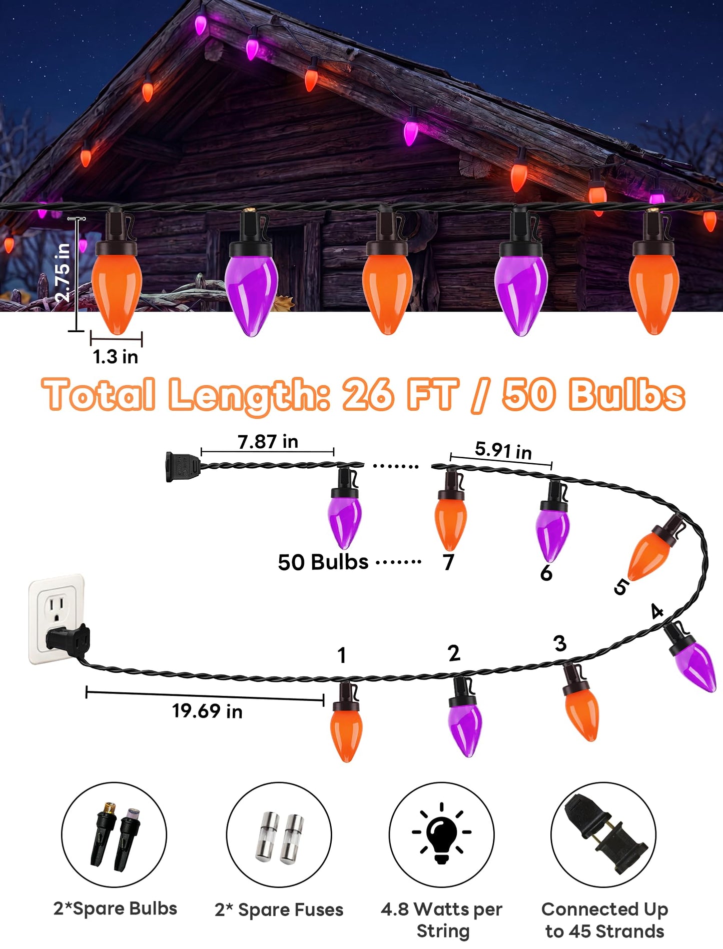 Romasaty Purple and Orange Halloween Lights, 26FT 50 Count Halloween C7 LED String Lights for Indoor/Outdoor Use, Purple Orange Lights for Patio Home Party Garden Yard-Black Wire