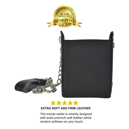 Leatherboss Genuine Leather Men Trifold Biker Chain Wallet Credit Card Holder for Motorcycle Bikers Truckers, Black