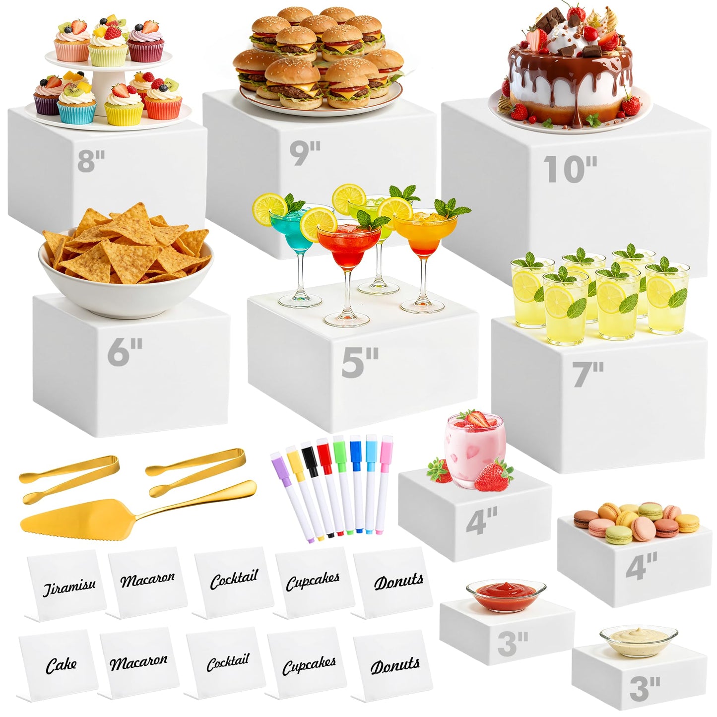 10 Pcs Buffet Risers with Mini Sign and Maker Serving Tongs Cake Cutter, White Acrylic Food Display Stands for Buffet Table Party Catering Dessert Nesting Cube Boxes with Hollow Bottoms (10",9",8",7",6",5",5",4",4",3")