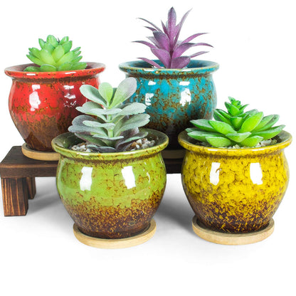 ARTKETTY Succulent Pots - 4 Pack Small Plant Pots with Drainage Tray, 4.5 Inch Ceramic Pots for Indoor Succulent Plants Colorful Cactus Flower Planters Birthday Gifts for Women