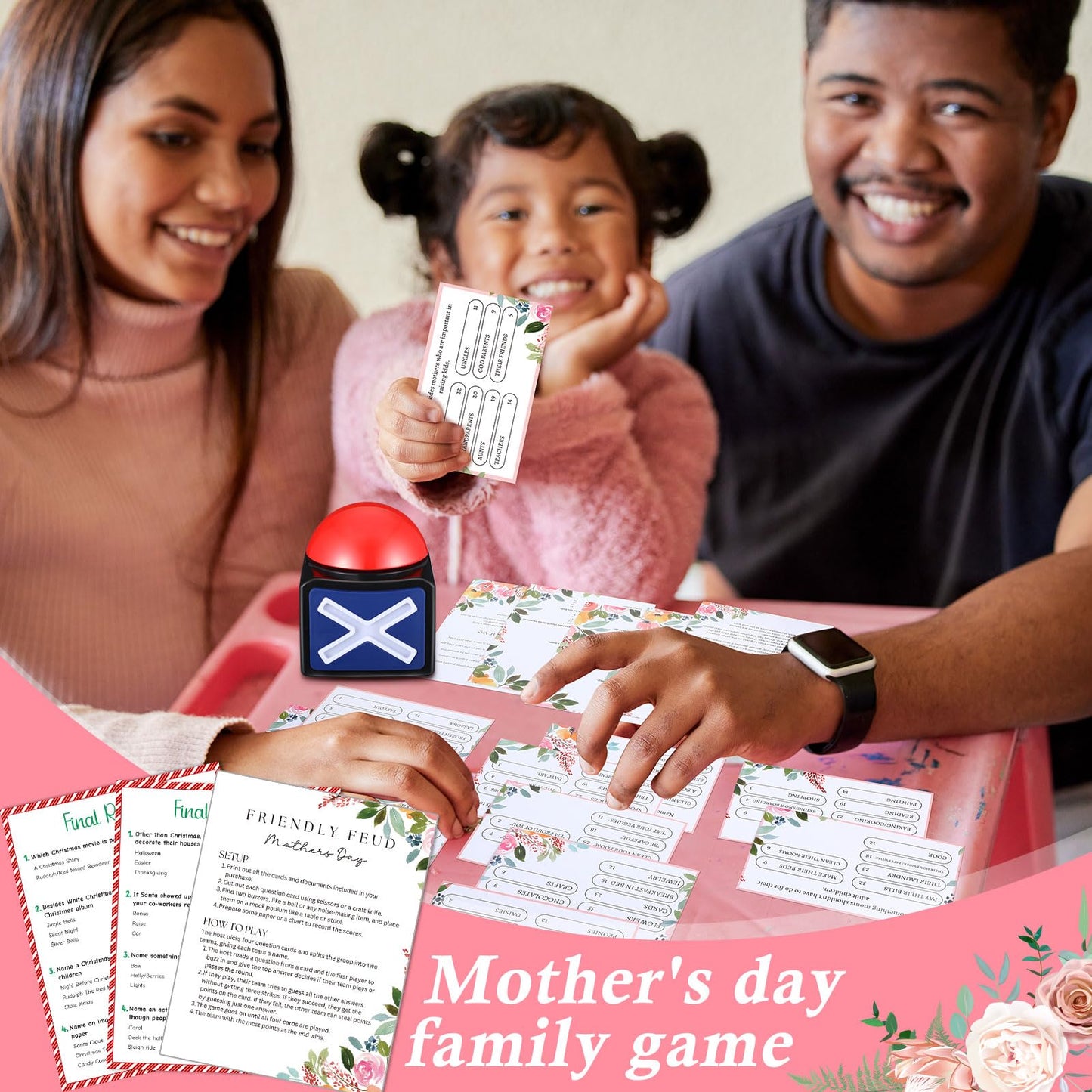 Syhood Mother's Day Friendly Feud Card Game with 2 Answer Buzzers, Family Trivia Quiz Game Night, Fun Party Activities for Adults, Office, Classroom, Large Group and Team Building