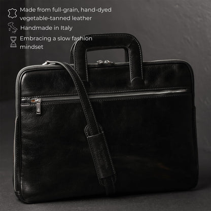 Time Resistance Slim Leather Briefcase - Italian Handmade Leather Laptop Bag for Men and Women (Black)