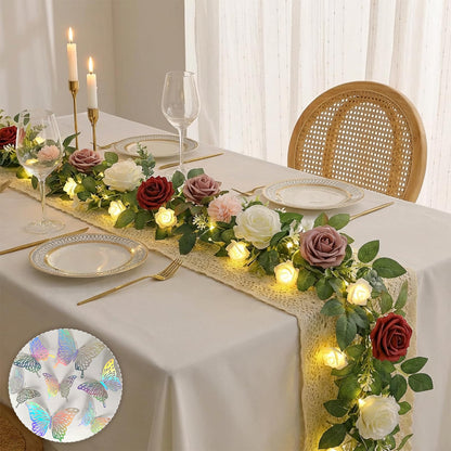 Floraobley 5.5FT Artificial Flower Garland Burgundy Rose & Greenery for Wedding Arch Backdrop Table Centerpiece Mantel Decor, with 3D Butterflies & Decorative Accessories