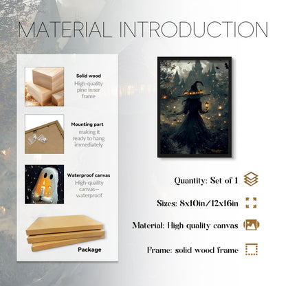 Dark Gothic Halloween Witch Canvas Wall Art, Witch Holding Lantern in Misty Forest Print, Mysterious Halloween Artwork, Whimsical Wall Decor for Living Room Bedroom Hallway, 8x10in, Black Frame